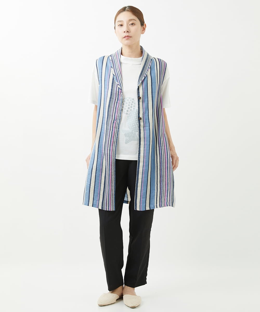 NGBGV53290 GIANNI LO GIUDICE(ジャンニ ロ ジュディチェ) [洗える]リネンランダムストライプ柄ロングジレ ブルー