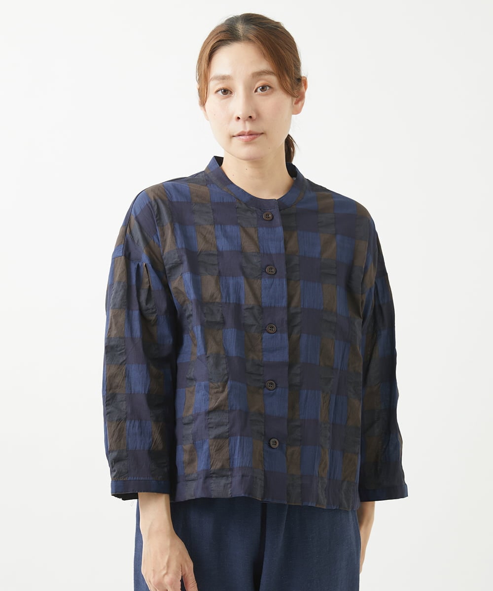 NGBGX28220 GIANNI LO GIUDICE(ジャンニ ロ ジュディチェ) [洗える]塩縮ブロックチェックシャツブラウス ネイビーブルー