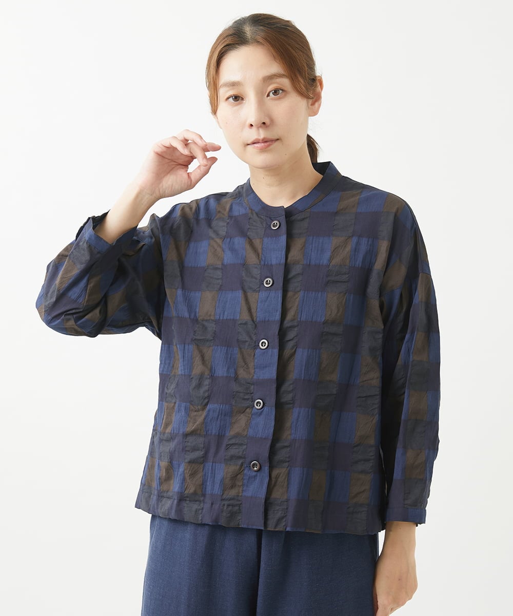 NGBGX28220 GIANNI LO GIUDICE(ジャンニ ロ ジュディチェ) [洗える]塩縮ブロックチェックシャツブラウス ネイビーブルー