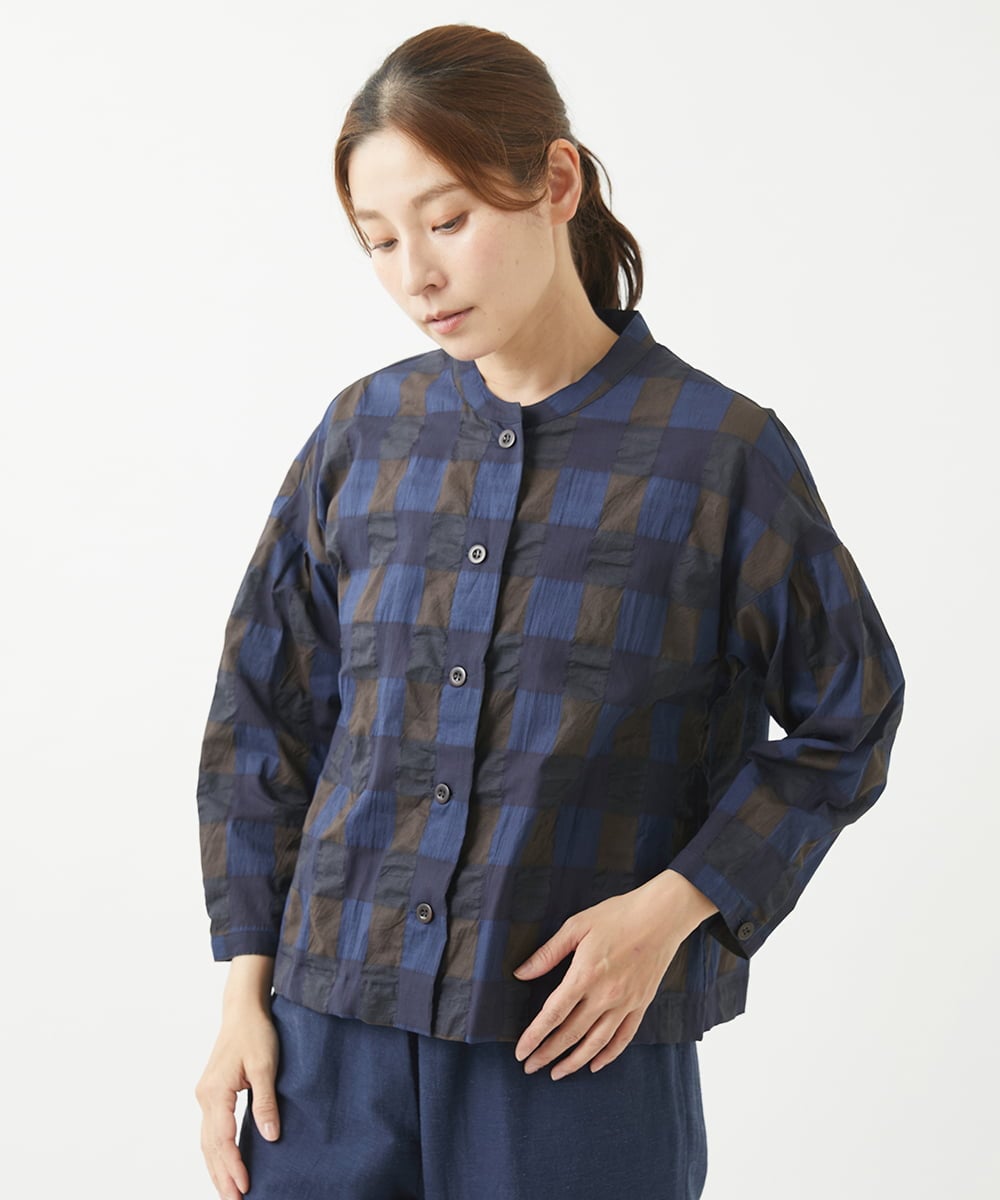 NGBGX28220 GIANNI LO GIUDICE(ジャンニ ロ ジュディチェ) [洗える]塩縮ブロックチェックシャツブラウス ネイビーブルー