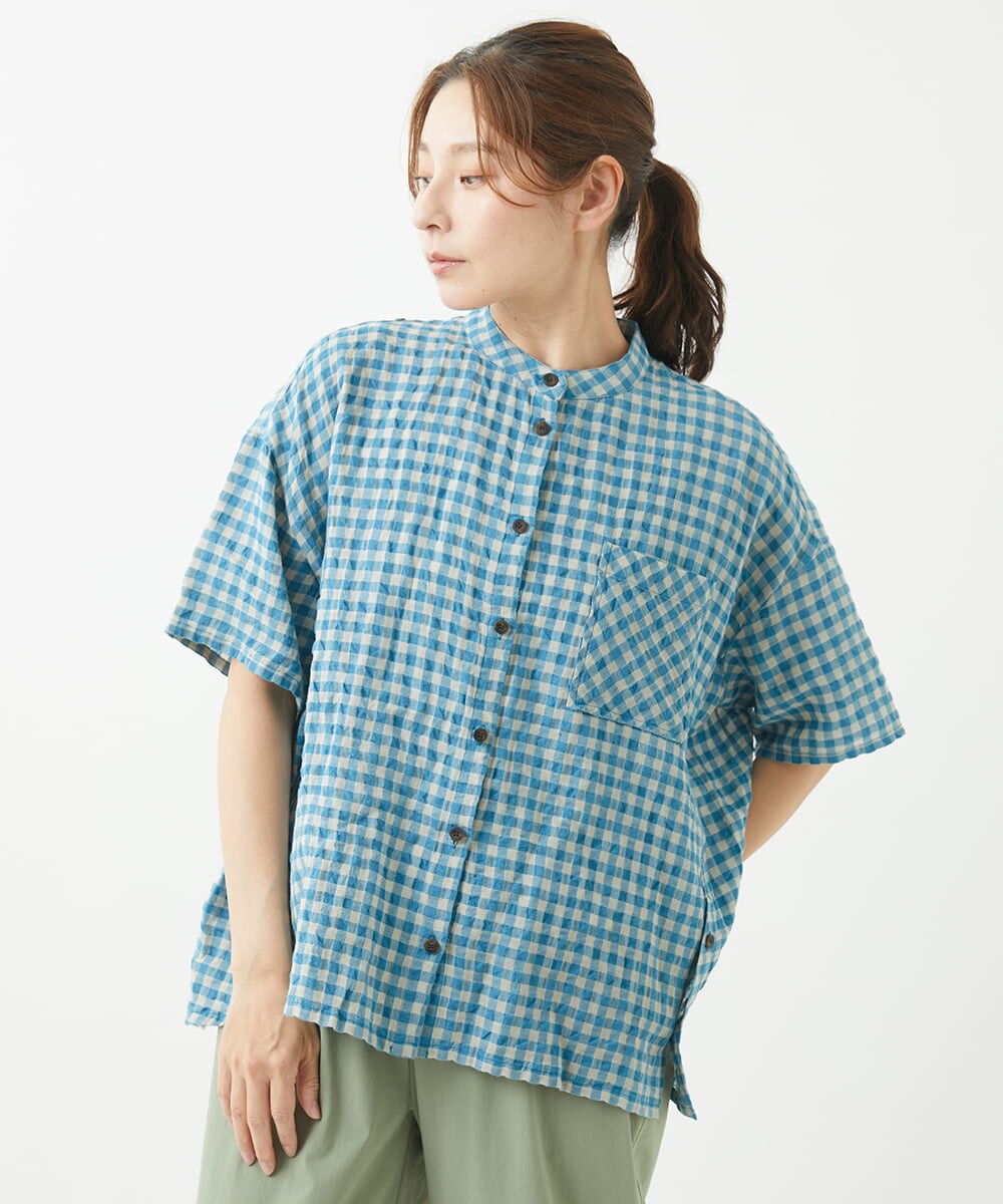 洗える]先染めギンガムチェック綿麻ブラウス(ブラウス・シャツ  
