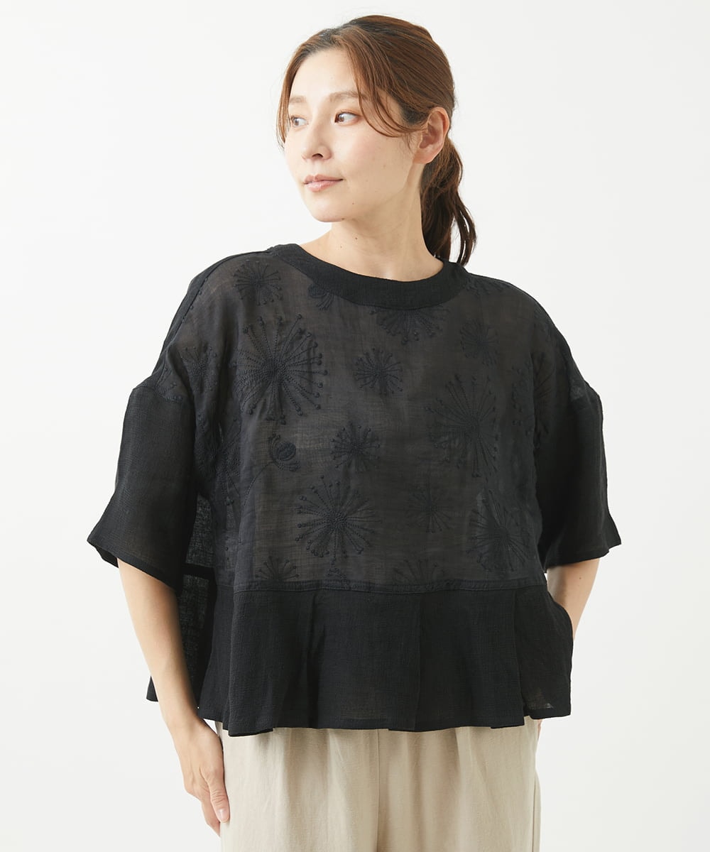 NGBHW06230 GIANNI LO GIUDICE(ジャンニ ロ ジュディチェ) [洗える]ウォッシャブルリネン刺繍半袖ブラウス ブラック