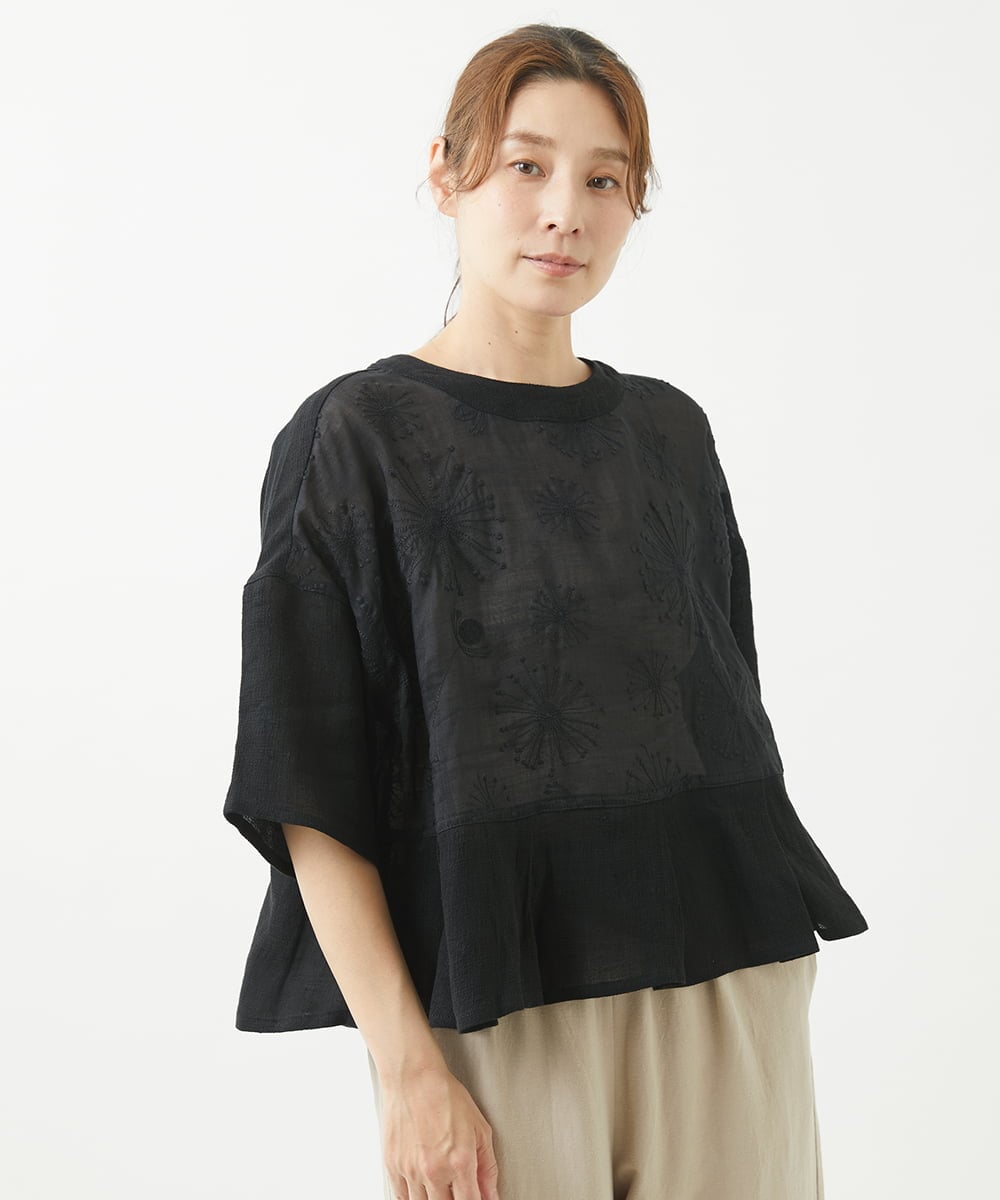 NGBHW06230 GIANNI LO GIUDICE(ジャンニ ロ ジュディチェ) [洗える]ウォッシャブルリネン刺繍半袖ブラウス ブラック