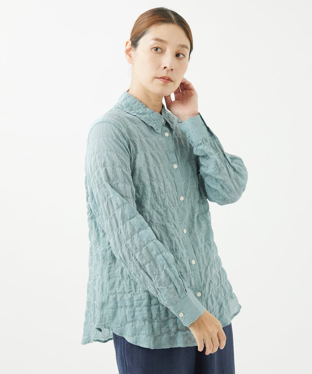 NGBHW10180 GIANNI LO GIUDICE(ジャンニ ロ ジュディチェ) [洗える]シャーリングストライプシャツブラウス ライトグリーン