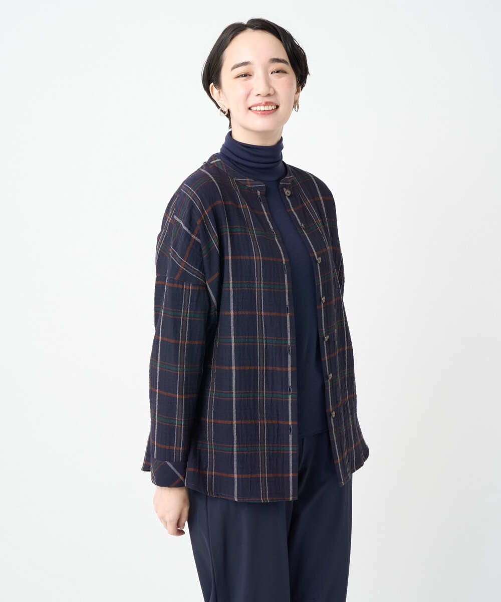 NGBJB22430 GIANNI LO GIUDICE(ジャンニ ロ ジュディチェ) [洗える・日本製]二重織チェック前開きブラウス ネイビー