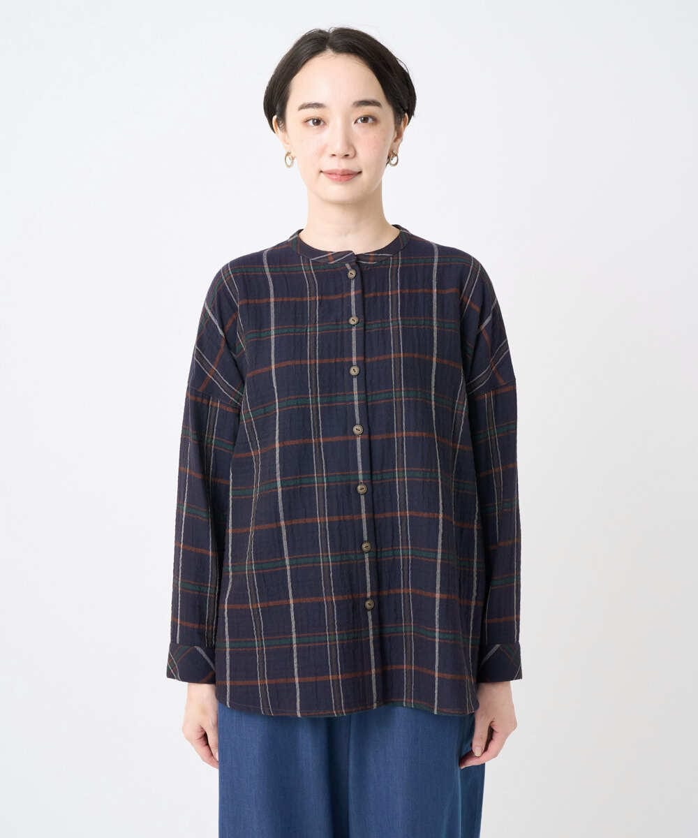NGBJB22430 GIANNI LO GIUDICE(ジャンニ ロ ジュディチェ) [洗える・日本製]二重織チェック前開きブラウス ネイビー