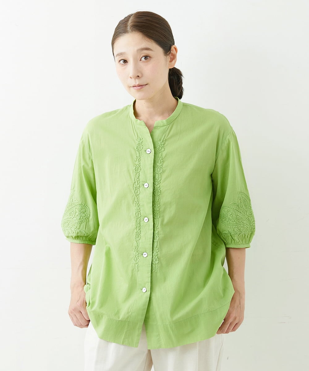 NGBJT20270 GIANNI LO GIUDICE(ジャンニ ロ ジュディチェ) [洗える]ラクナウ刺繍ノーカラーブラウス グリーン