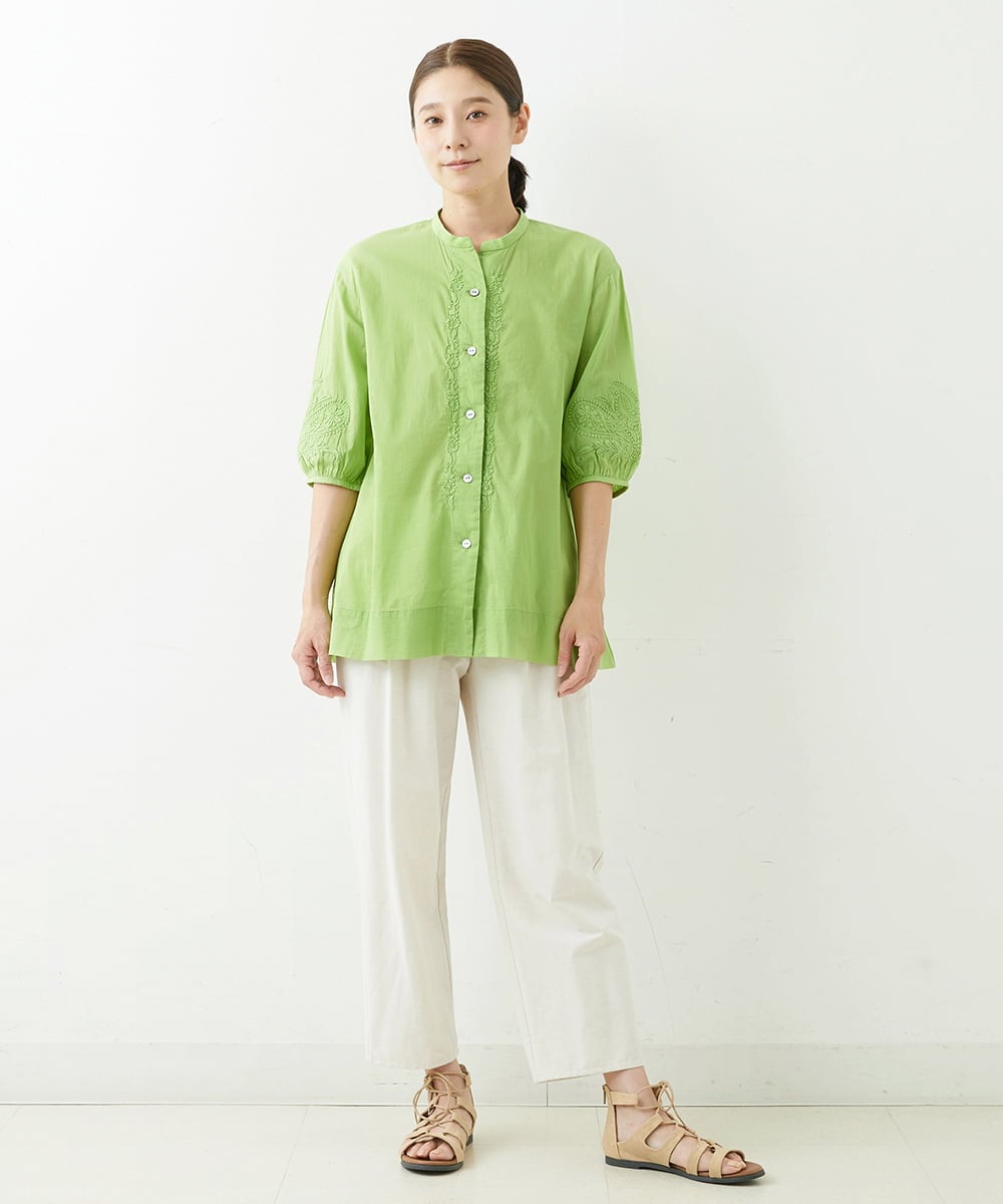NGBJT20270 GIANNI LO GIUDICE(ジャンニ ロ ジュディチェ) [洗える]ラクナウ刺繍ノーカラーブラウス グリーン
