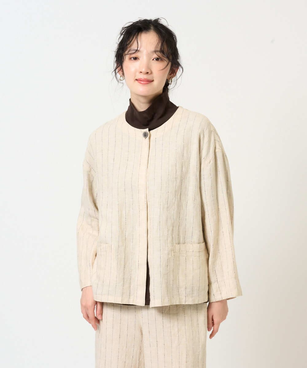 NGDGE50430 GIANNI LO GIUDICE(ジャンニ ロ ジュディチェ) [洗える]リネンステッチストライプジャケット ベージュ