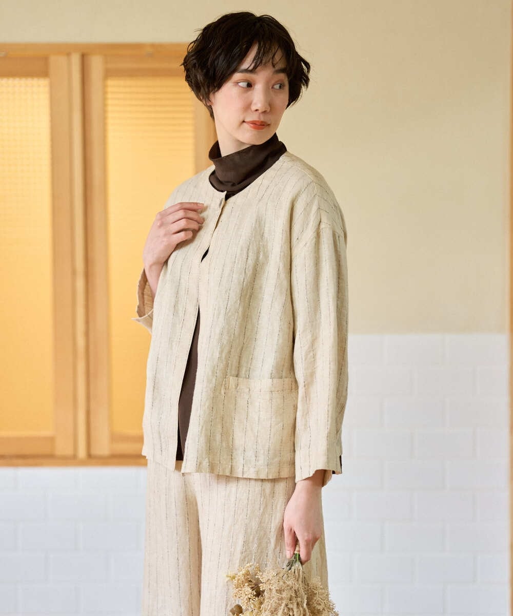 NGDGE50430 GIANNI LO GIUDICE(ジャンニ ロ ジュディチェ) [洗える]リネンステッチストライプジャケット ブラック