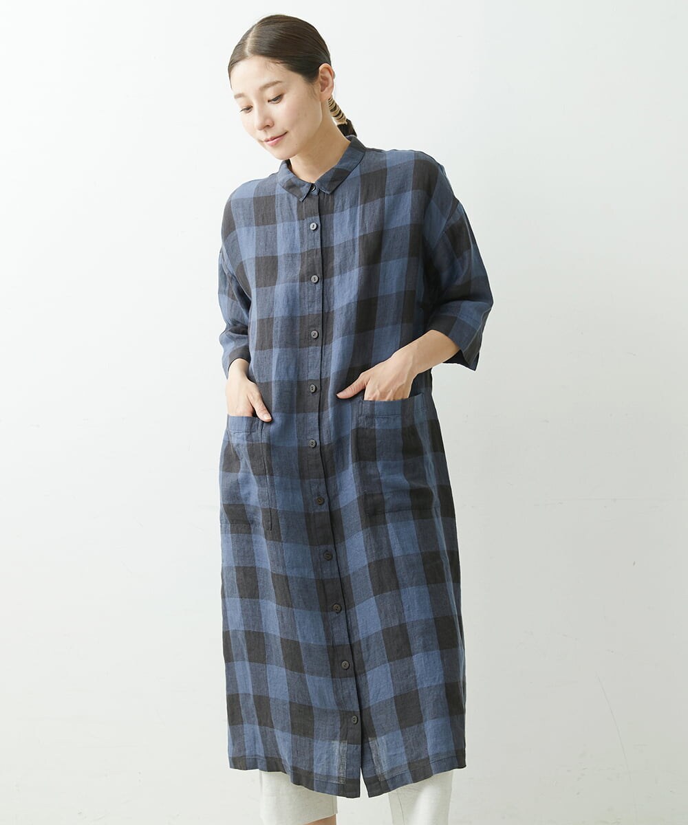 NGEGS10360 GIANNI LO GIUDICE [洗える]先染めリネンチェックワンピース
