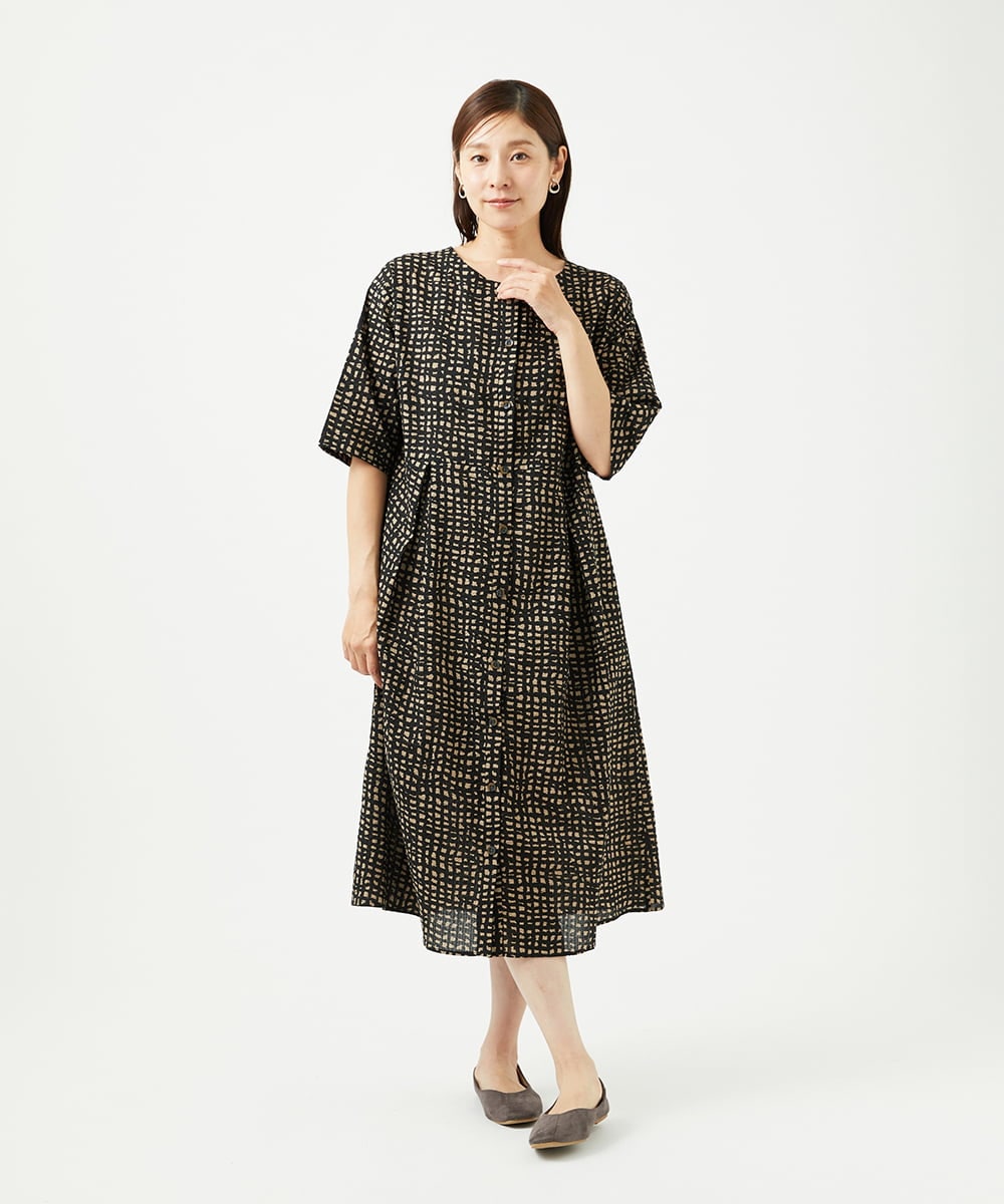 NGEJB11390 GIANNI LO GIUDICE(ジャンニ ロ ジュディチェ) [洗える・日本製]ミラクルウェーブブロックプリントワンピース ブラック