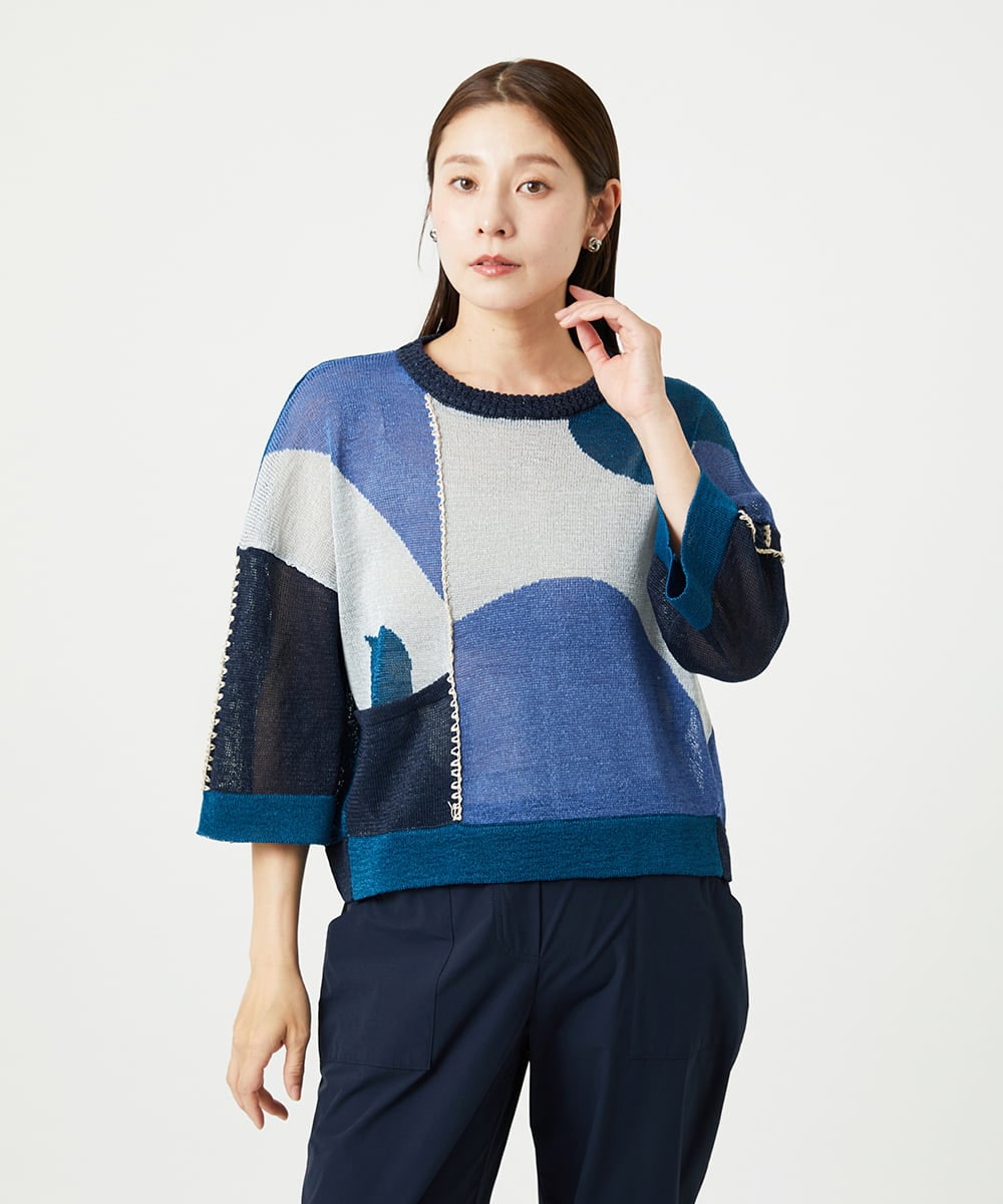 NGFHA10260 GIANNI LO GIUDICE [洗える]透かし柄インターシャプルオーバーニット
