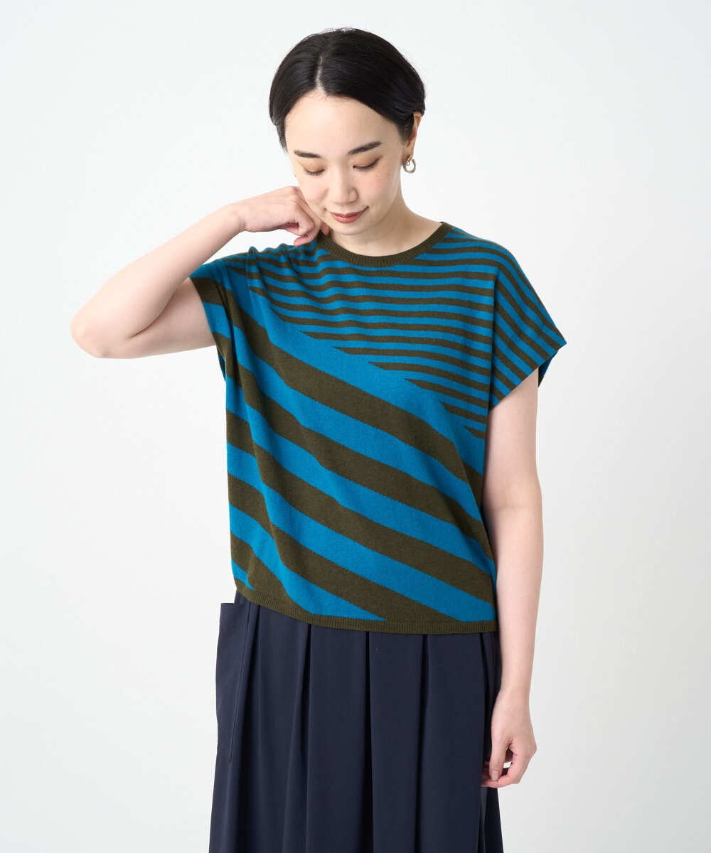 NGFJB20230 GIANNI LO GIUDICE(ジャンニ ロ ジュディチェ) [洗える]シルク混ボーダーニット ブルー