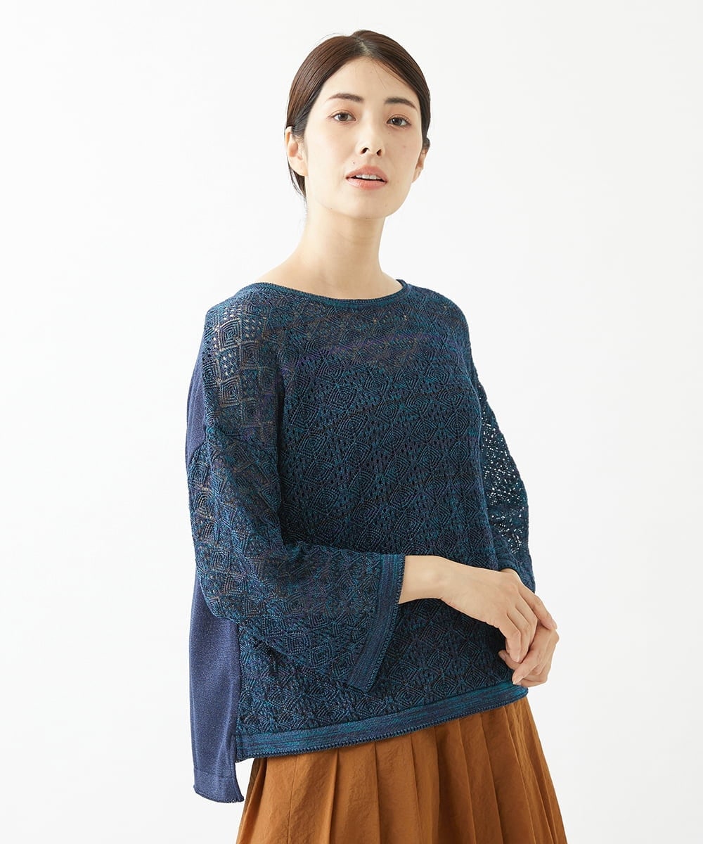 NGFJS10290 GIANNI LO GIUDICE(ジャンニ ロ ジュディチェ) [洗える・日本製]レースボーダーニット ネイビー