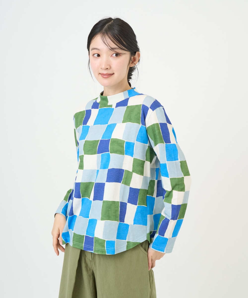 NGKEF16200 GIANNI LO GIUDICE(ジャンニ ロ ジュディチェ) [洗える・日本製]コットン天竺ブロックチェックプリントカットソー ブルーネイビー