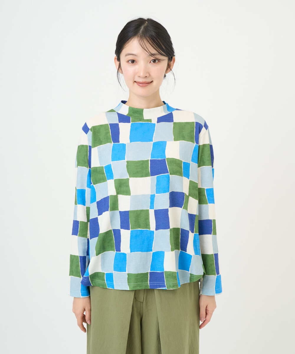 NGKEF16200 GIANNI LO GIUDICE(ジャンニ ロ ジュディチェ) [洗える・日本製]コットン天竺ブロックチェックプリントカットソー ブルーネイビー