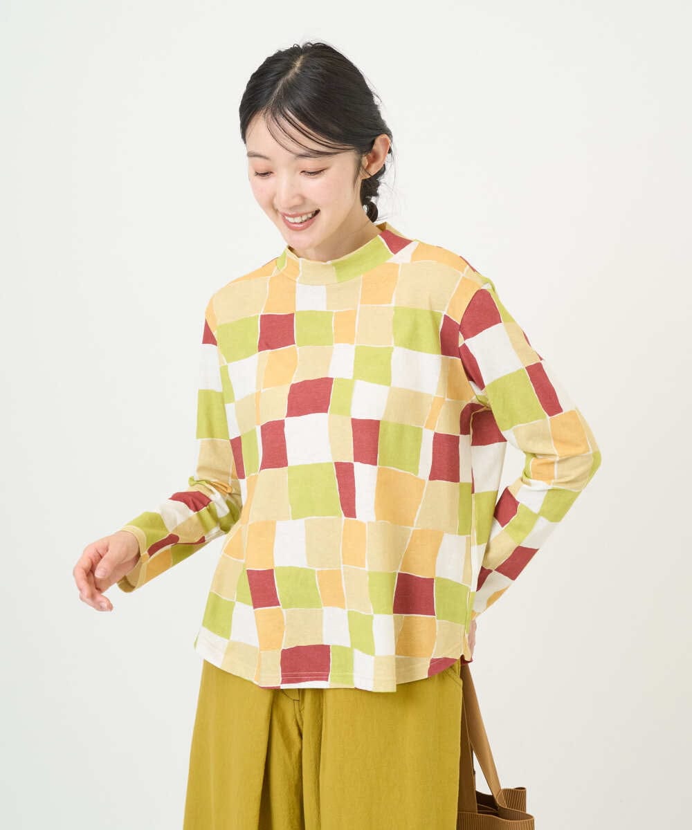 NGKEF16200 GIANNI LO GIUDICE(ジャンニ ロ ジュディチェ) [洗える・日本製]コットン天竺ブロックチェックプリントカットソー イエローベージュ