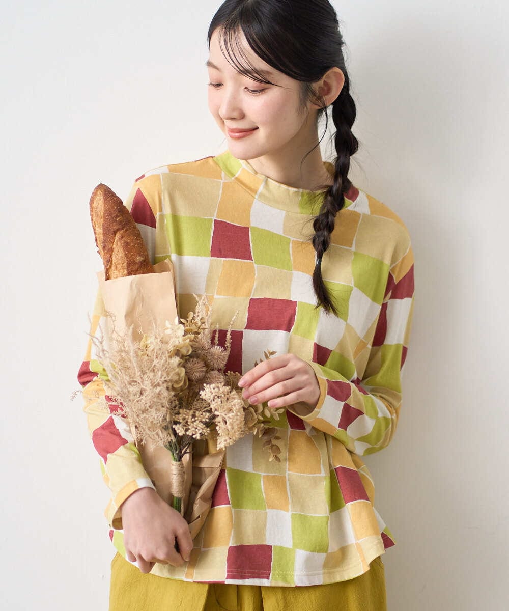 NGKEF16200 GIANNI LO GIUDICE(ジャンニ ロ ジュディチェ) [洗える・日本製]コットン天竺ブロックチェックプリントカットソー イエローベージュ