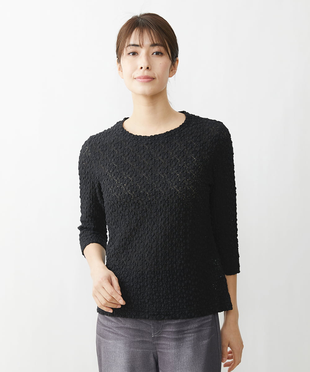 NGKET24130 GIANNI LO GIUDICE(ジャンニ ロ ジュディチェ) [洗える]ストレッチレースジャージカットソー ブラック