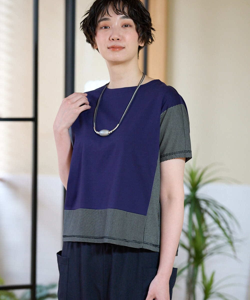 NGKGE44180 GIANNI LO GIUDICE(ジャンニ ロ ジュディチェ) [洗える・日本製]クールローレル天竺カットソー パープル×ブラック