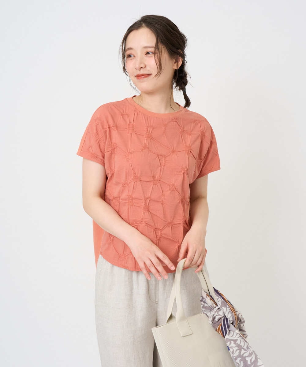 NGKGE47170 GIANNI LO GIUDICE(ジャンニ ロ ジュディチェ) [洗える・日本製]麻混シャーリングフレンチスリーブカットソー オレンジ