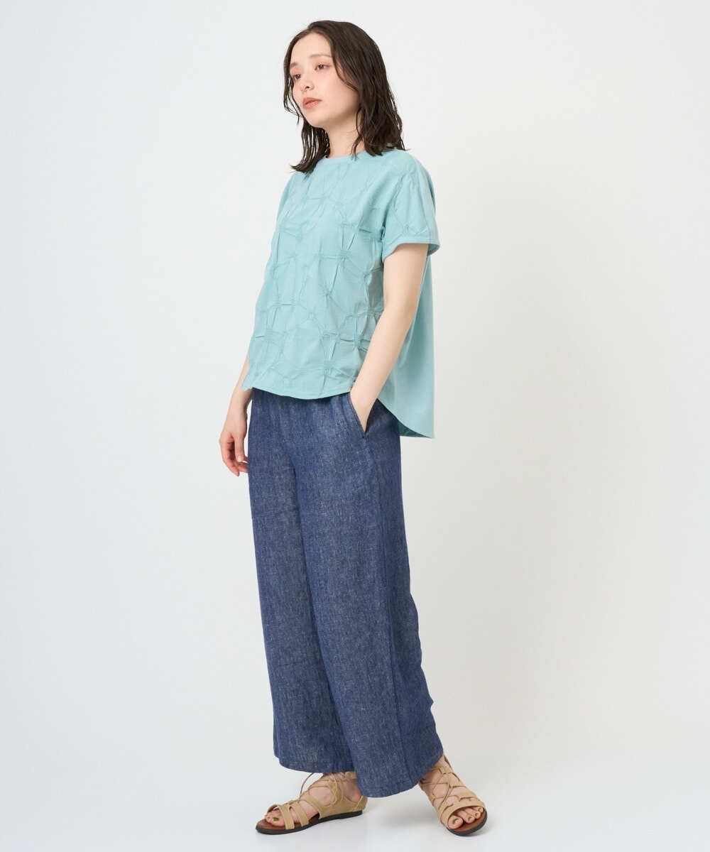 NGKGE47170 GIANNI LO GIUDICE(ジャンニ ロ ジュディチェ) [洗える・日本製]麻混シャーリングフレンチスリーブカットソー ライトブルー