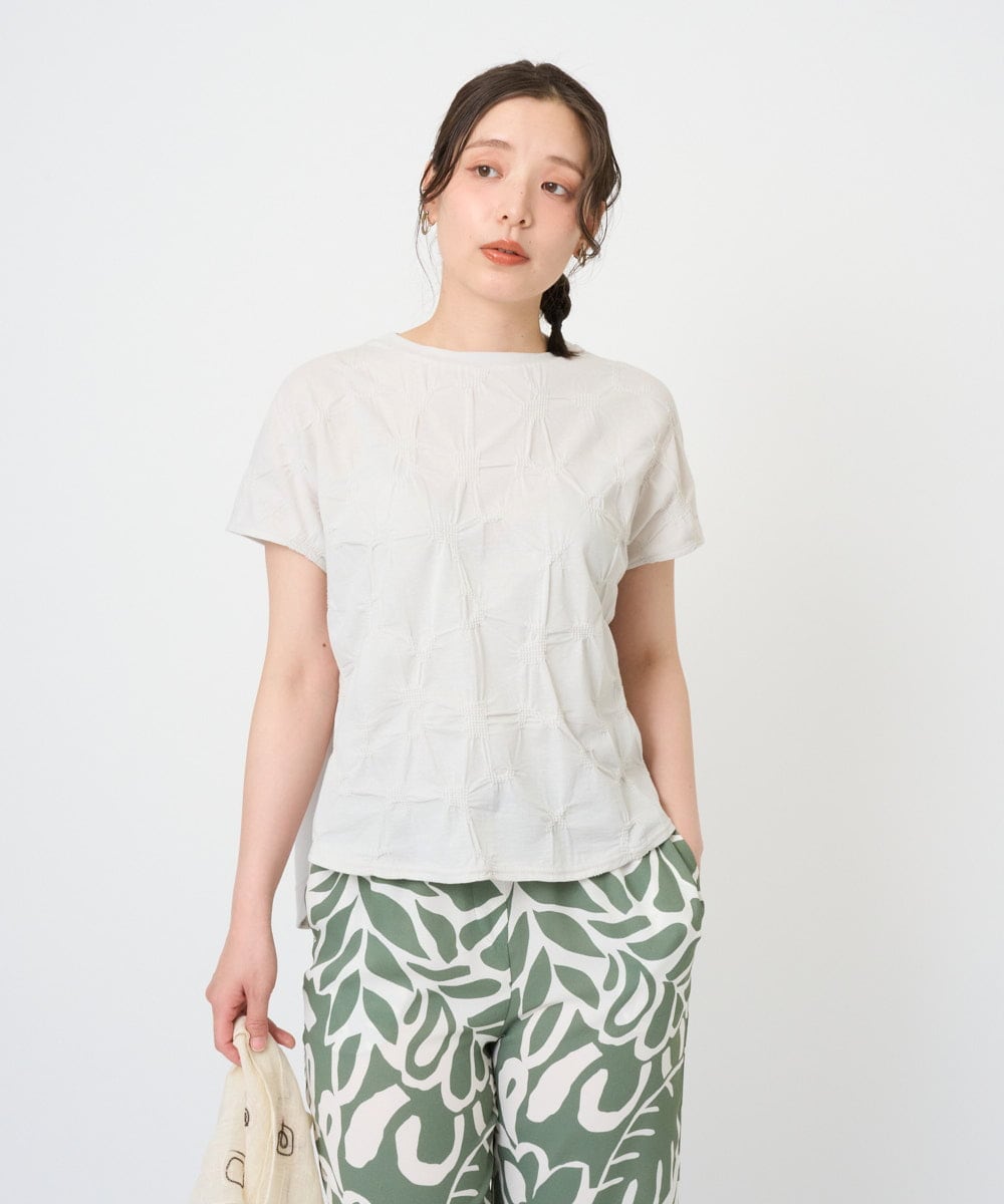 NGKGE47170 GIANNI LO GIUDICE(ジャンニ ロ ジュディチェ) [洗える・日本製]麻混シャーリングフレンチスリーブカットソー ライトブルー