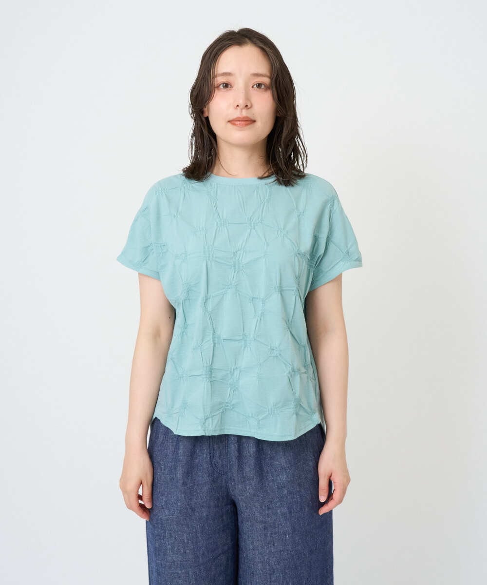 NGKGE47170 GIANNI LO GIUDICE(ジャンニ ロ ジュディチェ) [洗える・日本製]麻混シャーリングフレンチスリーブカットソー ライトブルー