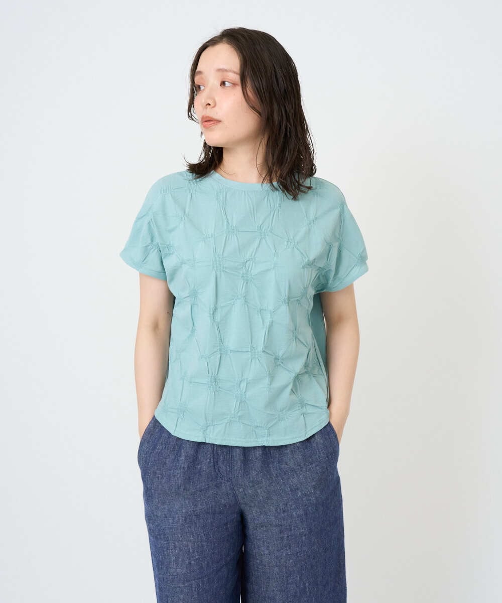 NGKGE47170 GIANNI LO GIUDICE(ジャンニ ロ ジュディチェ) [洗える・日本製]麻混シャーリングフレンチスリーブカットソー ライトブルー