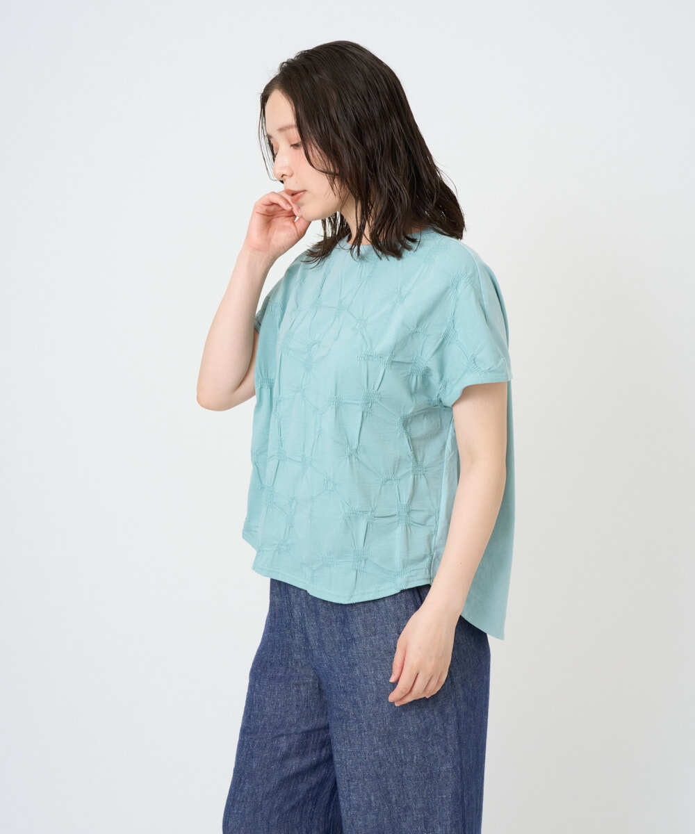 NGKGE47170 GIANNI LO GIUDICE(ジャンニ ロ ジュディチェ) [洗える・日本製]麻混シャーリングフレンチスリーブカットソー ライトブルー