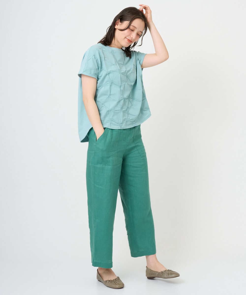 NGKGE47170 GIANNI LO GIUDICE(ジャンニ ロ ジュディチェ) [洗える・日本製]麻混シャーリングフレンチスリーブカットソー ライトブルー