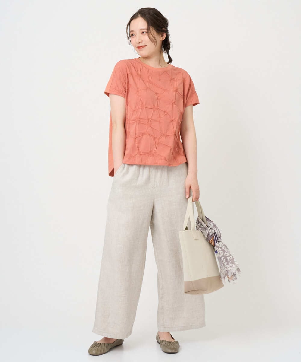 NGKGE47170 GIANNI LO GIUDICE(ジャンニ ロ ジュディチェ) [洗える・日本製]麻混シャーリングフレンチスリーブカットソー ライトブルー