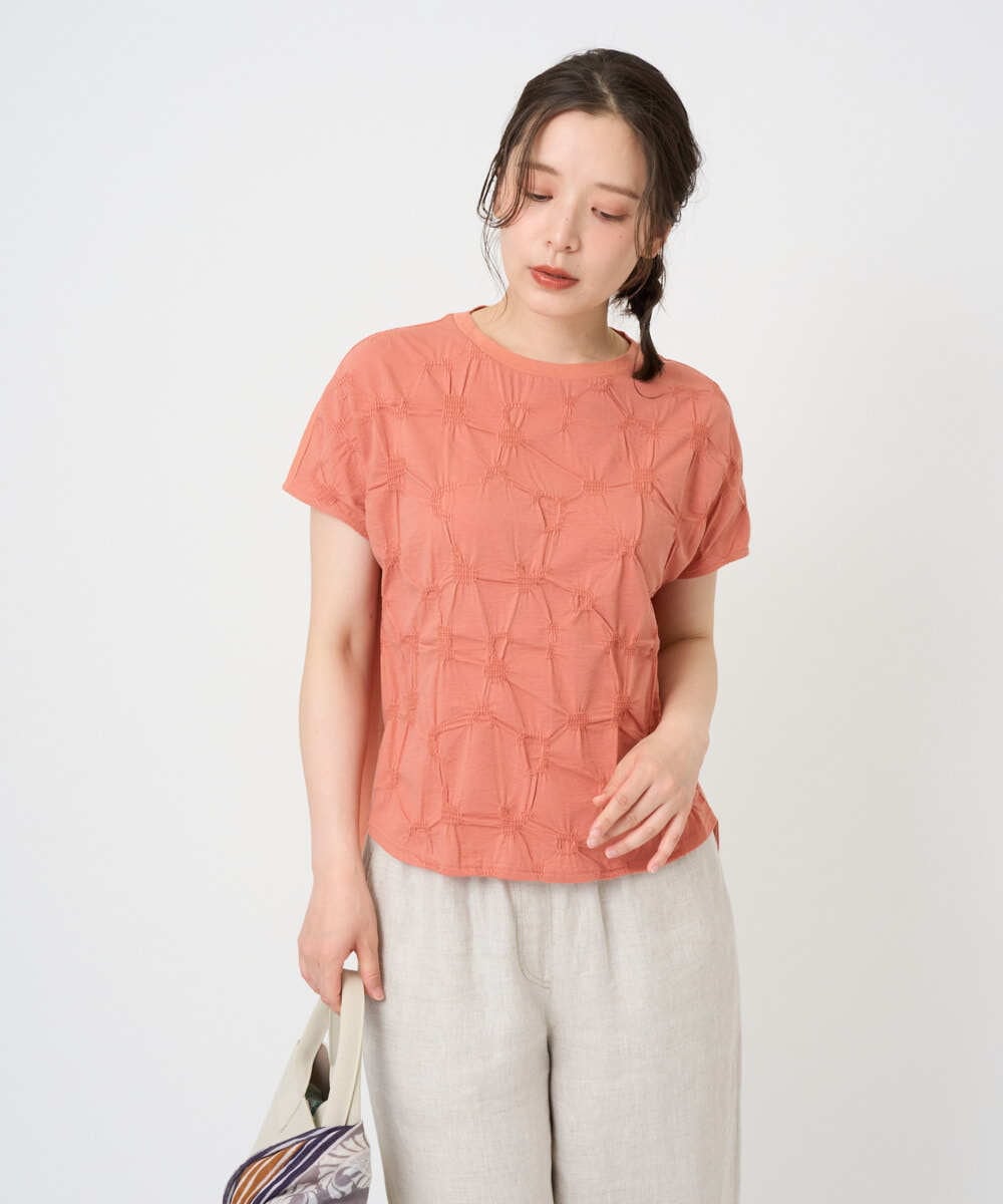 NGKGE47170 GIANNI LO GIUDICE(ジャンニ ロ ジュディチェ) [洗える・日本製]麻混シャーリングフレンチスリーブカットソー ライトブルー