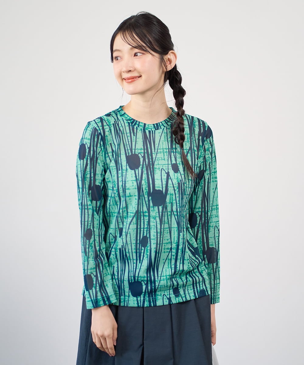 NGKGF32180 GIANNI LO GIUDICE(ジャンニ ロ ジュディチェ) [洗える・日本製]幾何ストライププリントカットソー グリーン×ネイビー