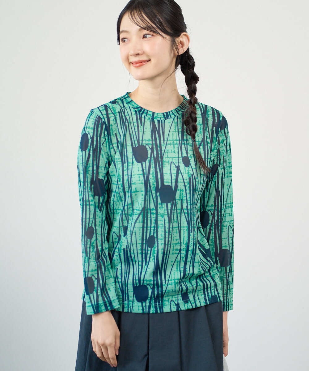 NGKGF32180 GIANNI LO GIUDICE(ジャンニ ロ ジュディチェ) [洗える・日本製]幾何ストライププリントカットソー グリーン×ネイビー