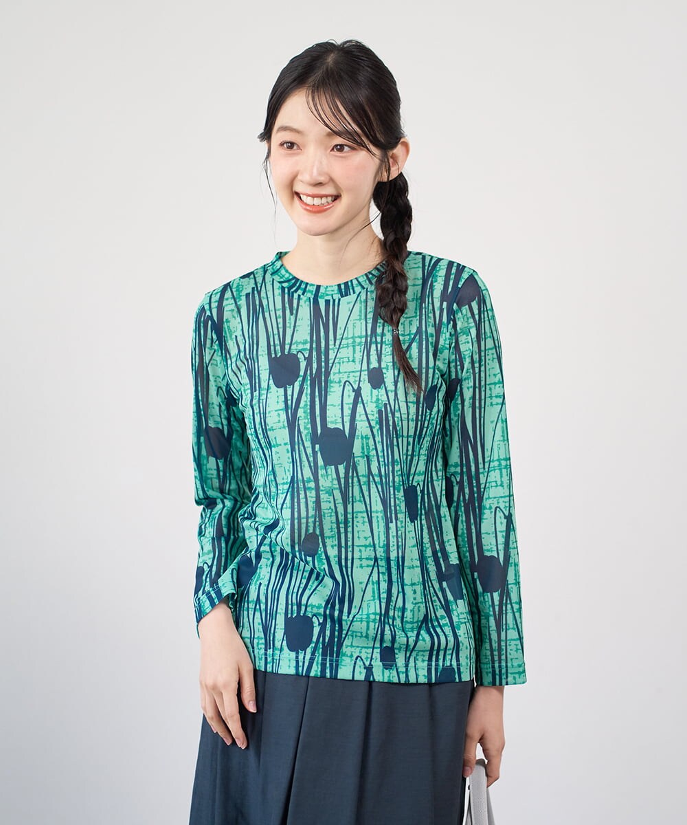 NGKGF32180 GIANNI LO GIUDICE(ジャンニ ロ ジュディチェ) [洗える・日本製]幾何ストライププリントカットソー グリーン×ネイビー