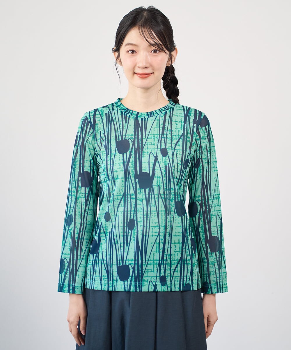 NGKGF32180 GIANNI LO GIUDICE(ジャンニ ロ ジュディチェ) [洗える・日本製]幾何ストライププリントカットソー グリーン×ネイビー