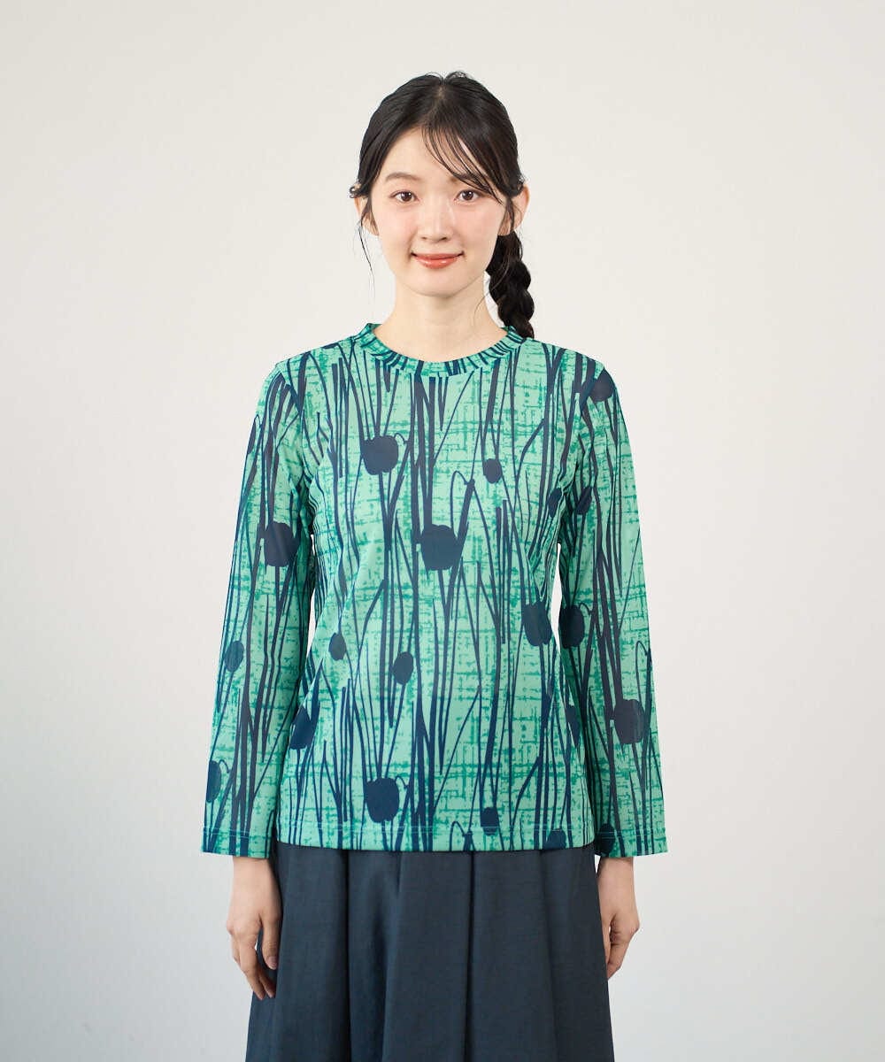 NGKGF32180 GIANNI LO GIUDICE(ジャンニ ロ ジュディチェ) [洗える・日本製]幾何ストライププリントカットソー グリーン×ネイビー