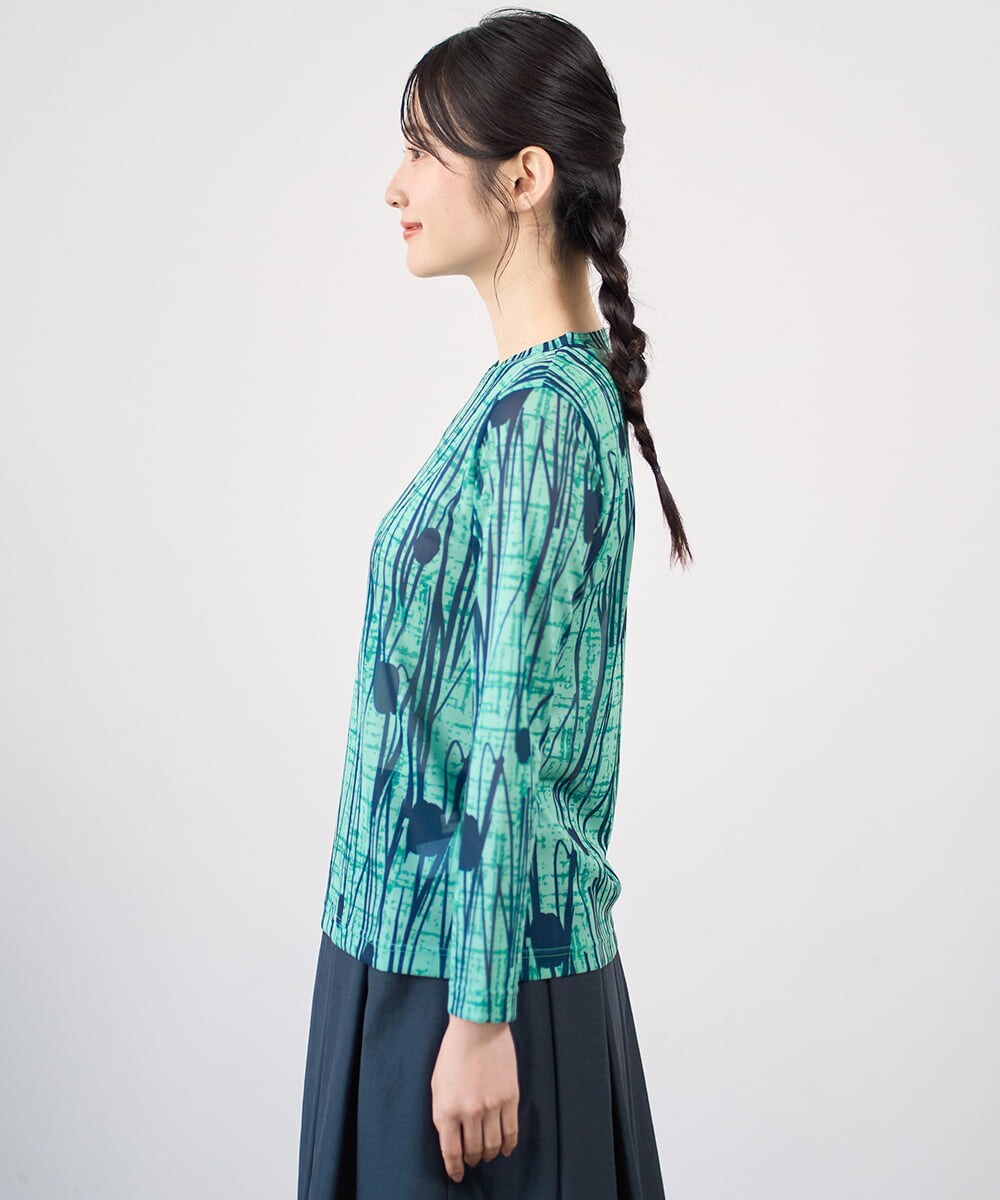 NGKGF32180 GIANNI LO GIUDICE(ジャンニ ロ ジュディチェ) [洗える・日本製]幾何ストライププリントカットソー グリーン×ネイビー