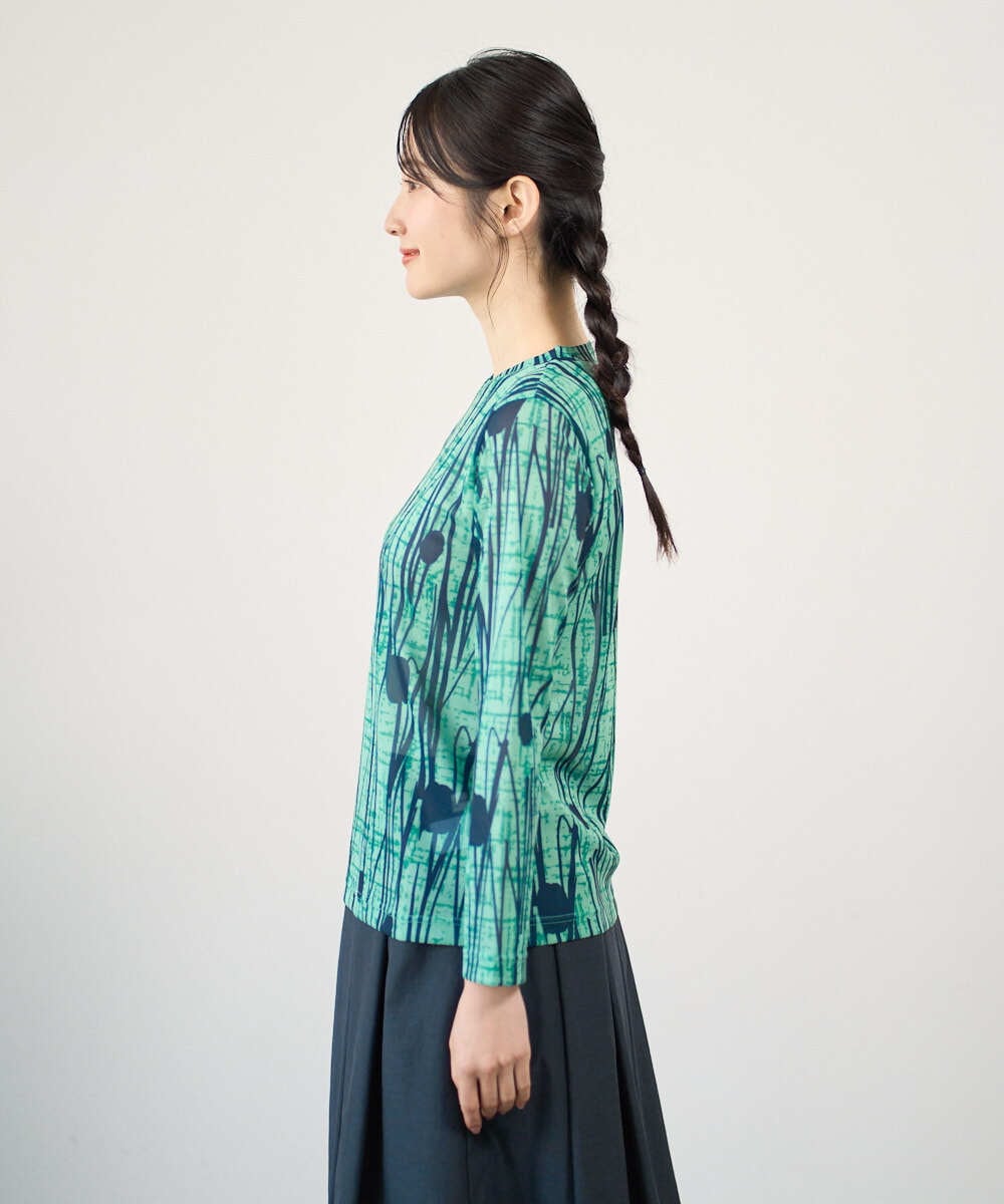 NGKGF32180 GIANNI LO GIUDICE(ジャンニ ロ ジュディチェ) [洗える・日本製]幾何ストライププリントカットソー グリーン×ネイビー