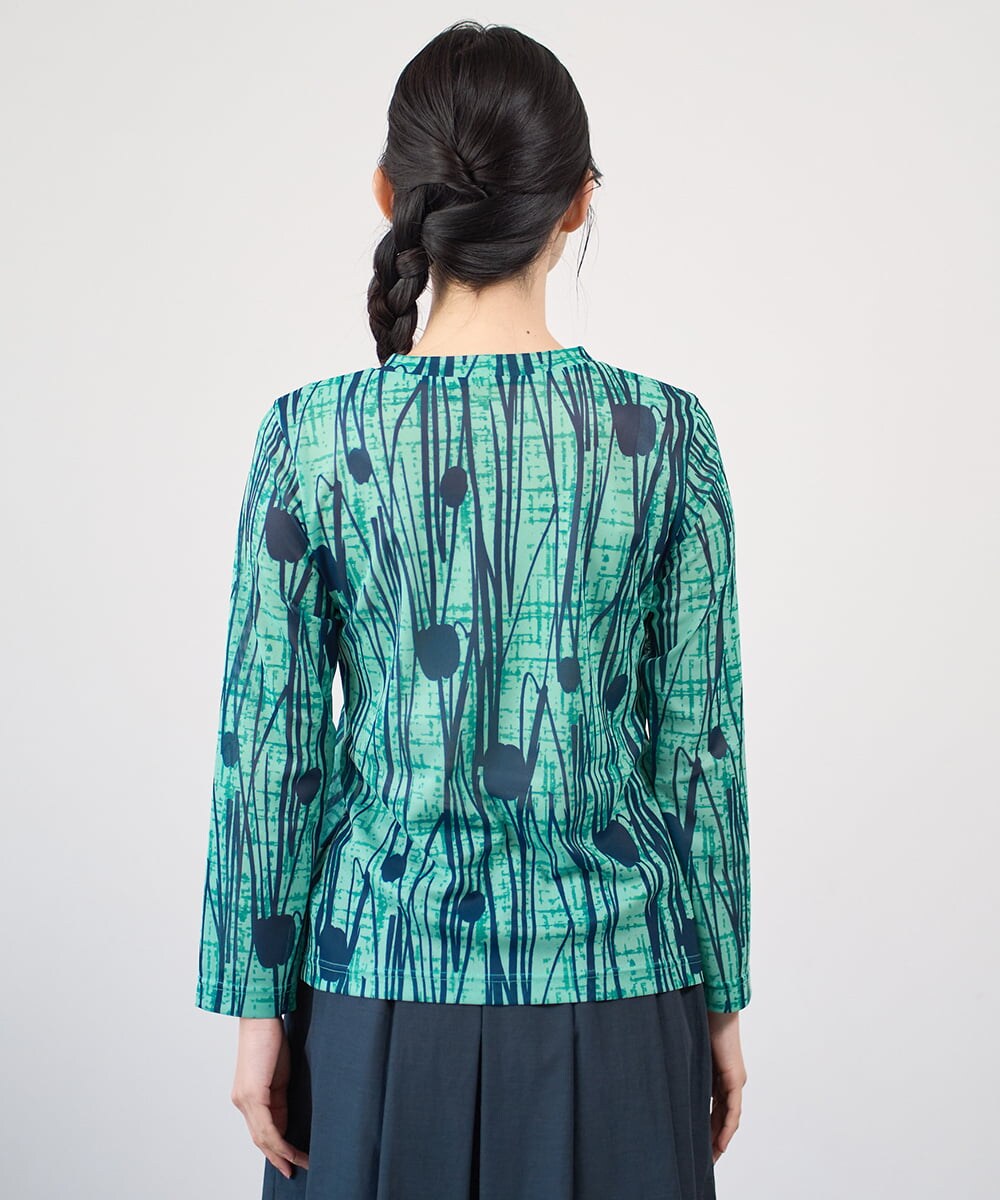 NGKGF32180 GIANNI LO GIUDICE(ジャンニ ロ ジュディチェ) [洗える・日本製]幾何ストライププリントカットソー グリーン×ネイビー