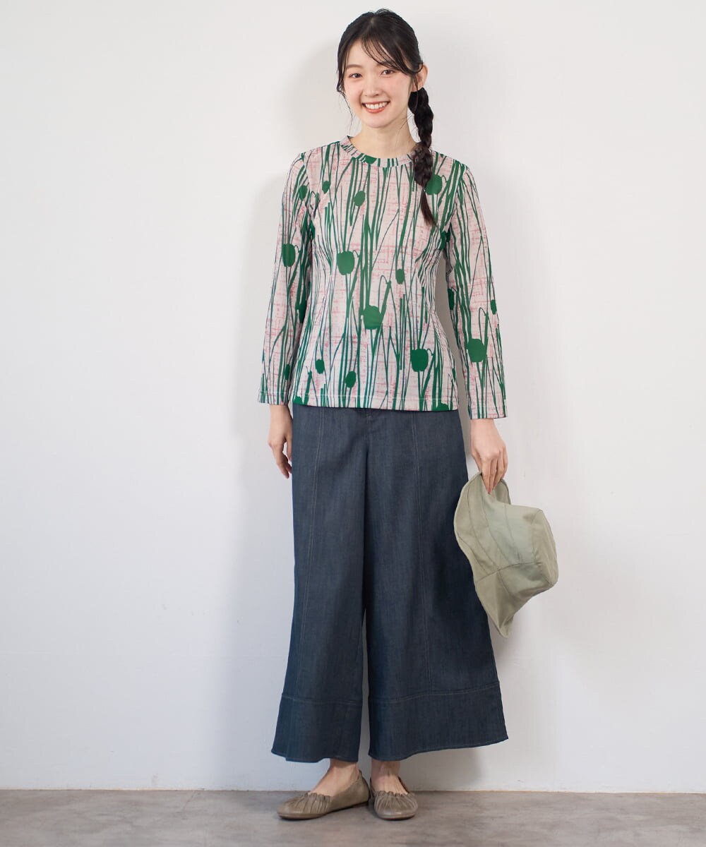 NGKGF32180 GIANNI LO GIUDICE(ジャンニ ロ ジュディチェ) [洗える・日本製]幾何ストライププリントカットソー ベージュ×グリーン