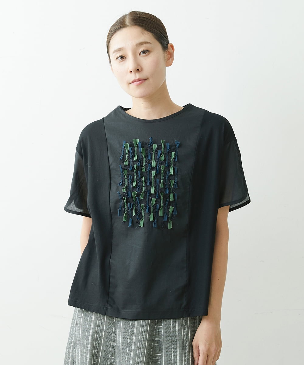 NGKGS32250 GIANNI LO GIUDICE(ジャンニ ロ ジュディチェ) [洗える・日本製]強撚天竺リボン刺繍カットソー ブラック