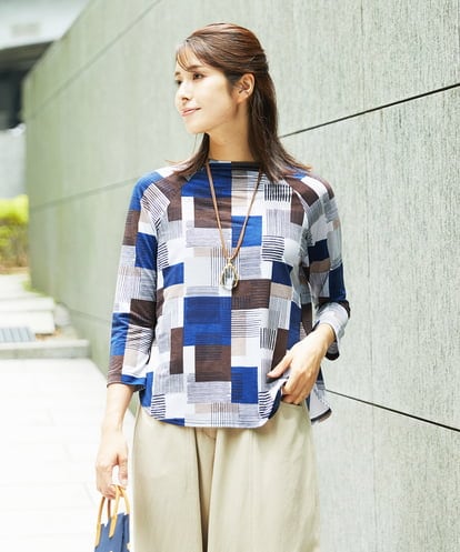 NGKHB31180 GIANNI LO GIUDICE [接触冷感・洗える]ルービックブロックプリント七分袖カットソー