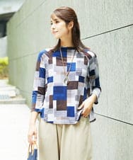 NGKHB31180 GIANNI LO GIUDICE(ジャンニ ロ ジュディチェ) [接触冷感・洗える]ルービックブロックプリント七分袖カットソー ネイビー