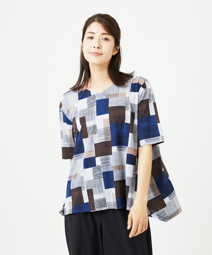 NGKHB32200 GIANNI LO GIUDICE [接触冷感・洗える]ルービックブロックプリント五分袖カットソー