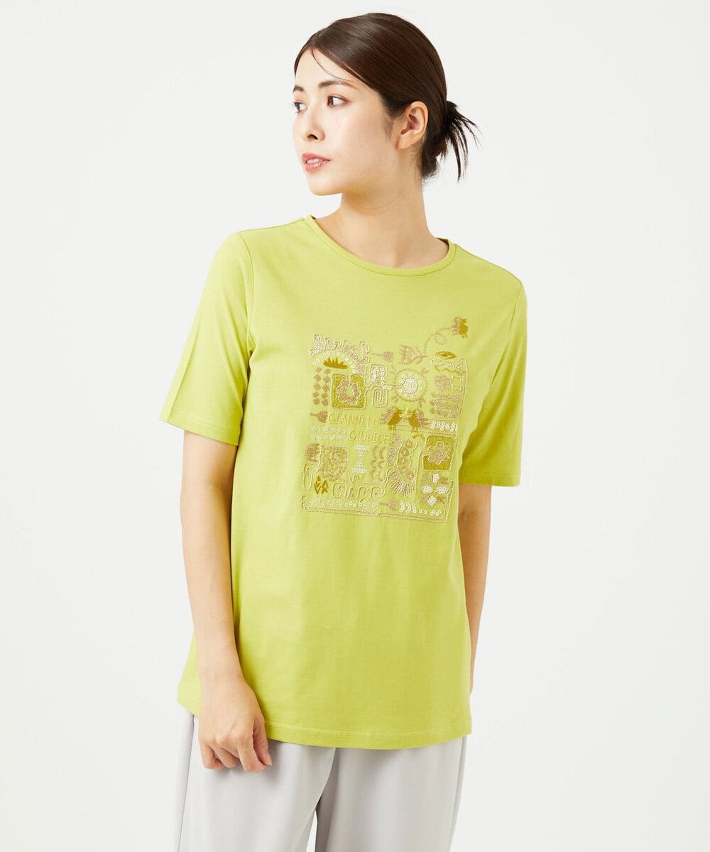 NGKHC06190 GIANNI LO GIUDICE(ジャンニ ロ ジュディチェ) [接触冷感・洗える・日本製]クールローレルスカイコット刺繍カットソー イエロー