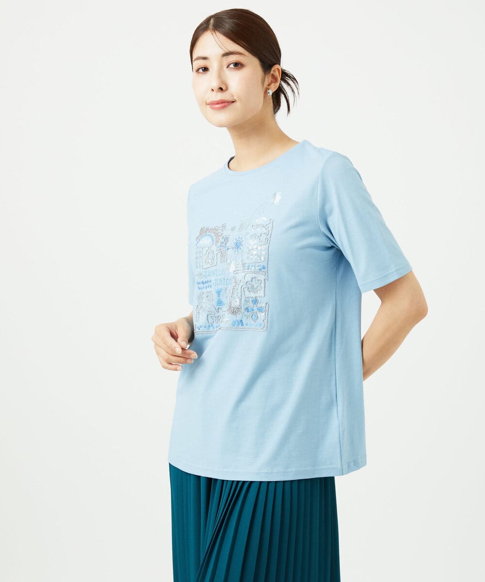 NGKHC06190 GIANNI LO GIUDICE(ジャンニ ロ ジュディチェ) [接触冷感・洗える・日本製]クールローレルスカイコット刺繍カットソー ライトブルー