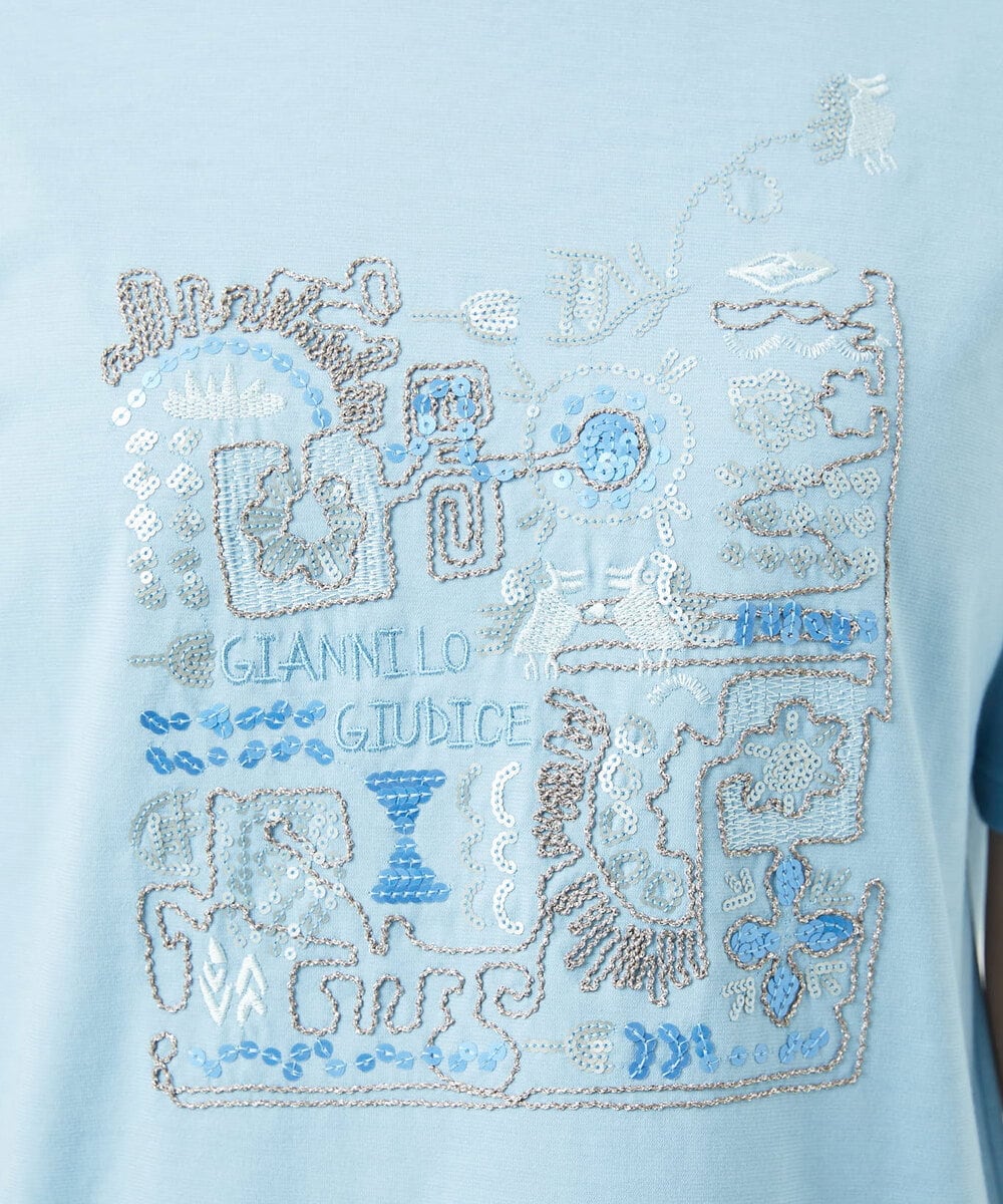 NGKHC06190 GIANNI LO GIUDICE(ジャンニ ロ ジュディチェ) [接触冷感・洗える・日本製]クールローレルスカイコット刺繍カットソー ライトブルー